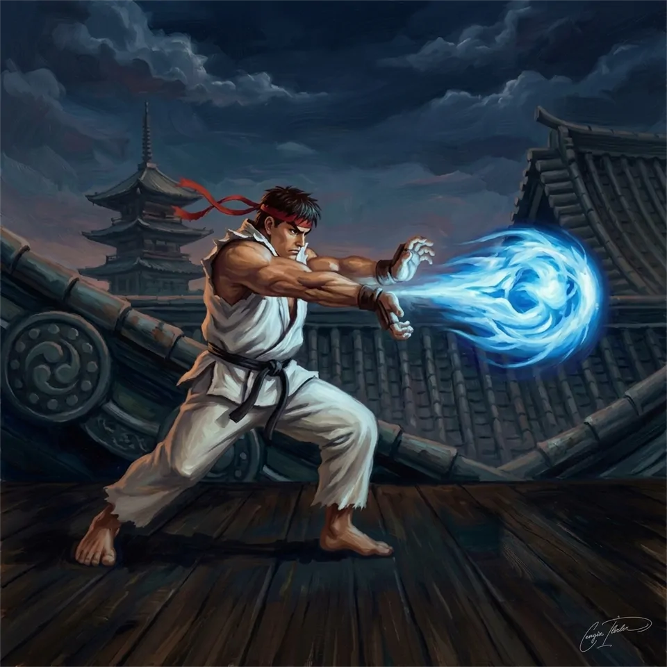 Painted cover art for Street Fighter II.