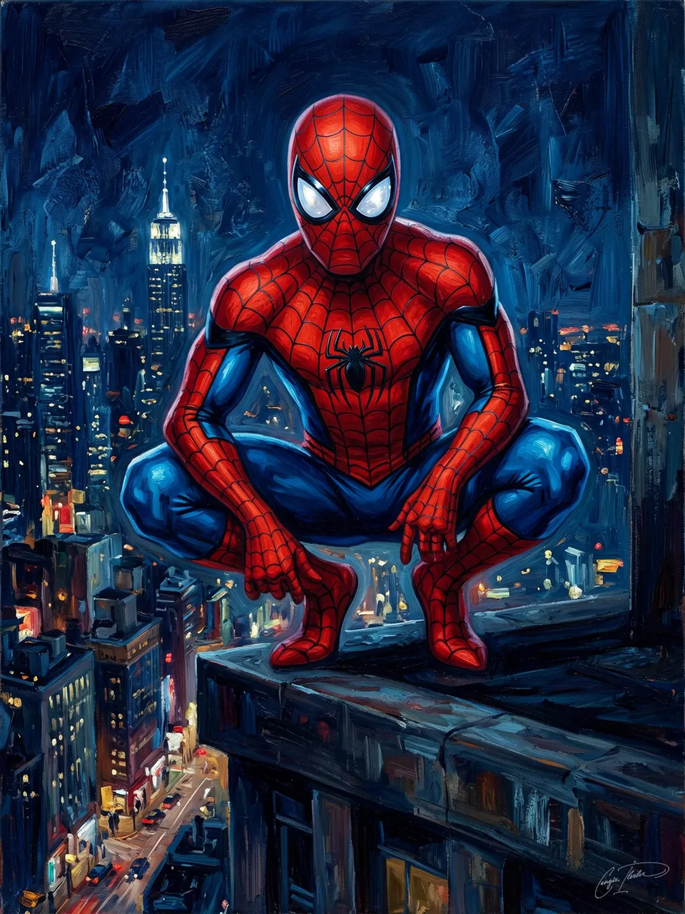 Oil painting of Spider-Man in the classic red-and-blue suit, crouched on a building ledge against the city skyline.