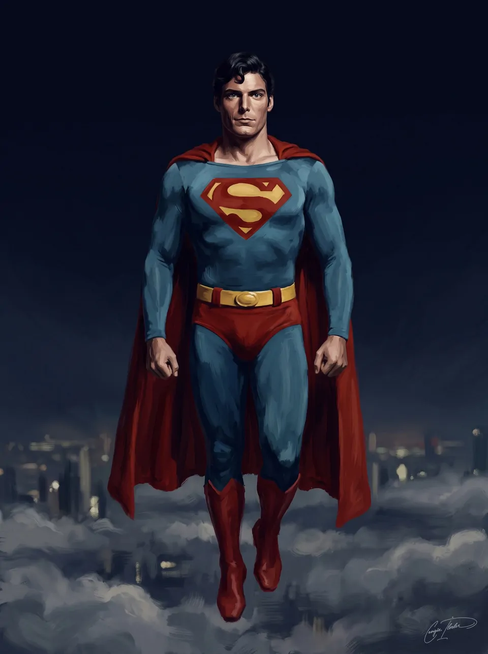Painted portrait of Superman in the classic late-70s movie costume, floating above clouds over a night city.