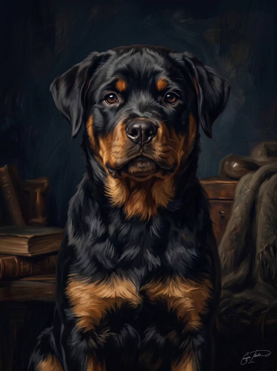 Oil painting of a Rottweiler puppy — black coat with mahogany-tan markings and a broad head, sitting in a warm study.
