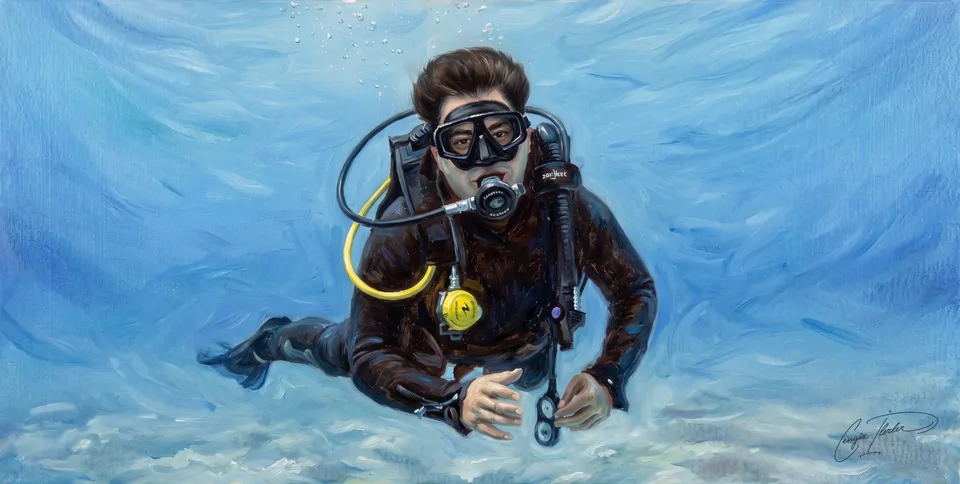 Oil painting of Cengiz scuba diving in open blue water, signed by the artist.