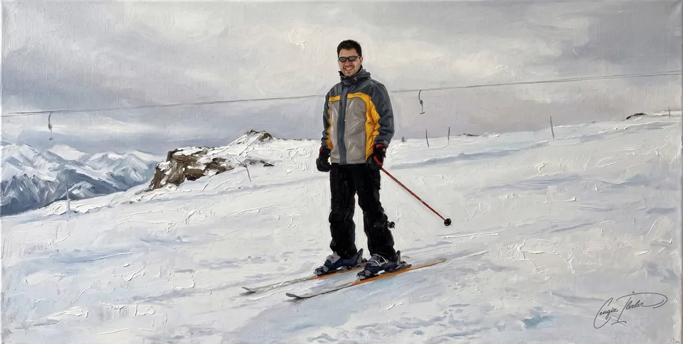 Oil painting of Cengiz standing on skis on a bright snowfield, signed by the artist.