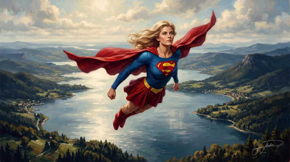 Painted homage to Supergirl — a blonde hero in red and blue flying proudly through a sunny sky above a lake, cape billowing.