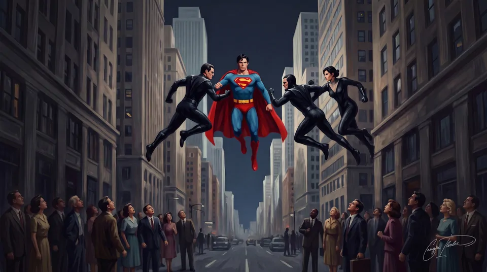 Painted homage to Superman II — the hero in the classic red-and-blue costume facing three black-clad villains above a city street, crowds looking up.