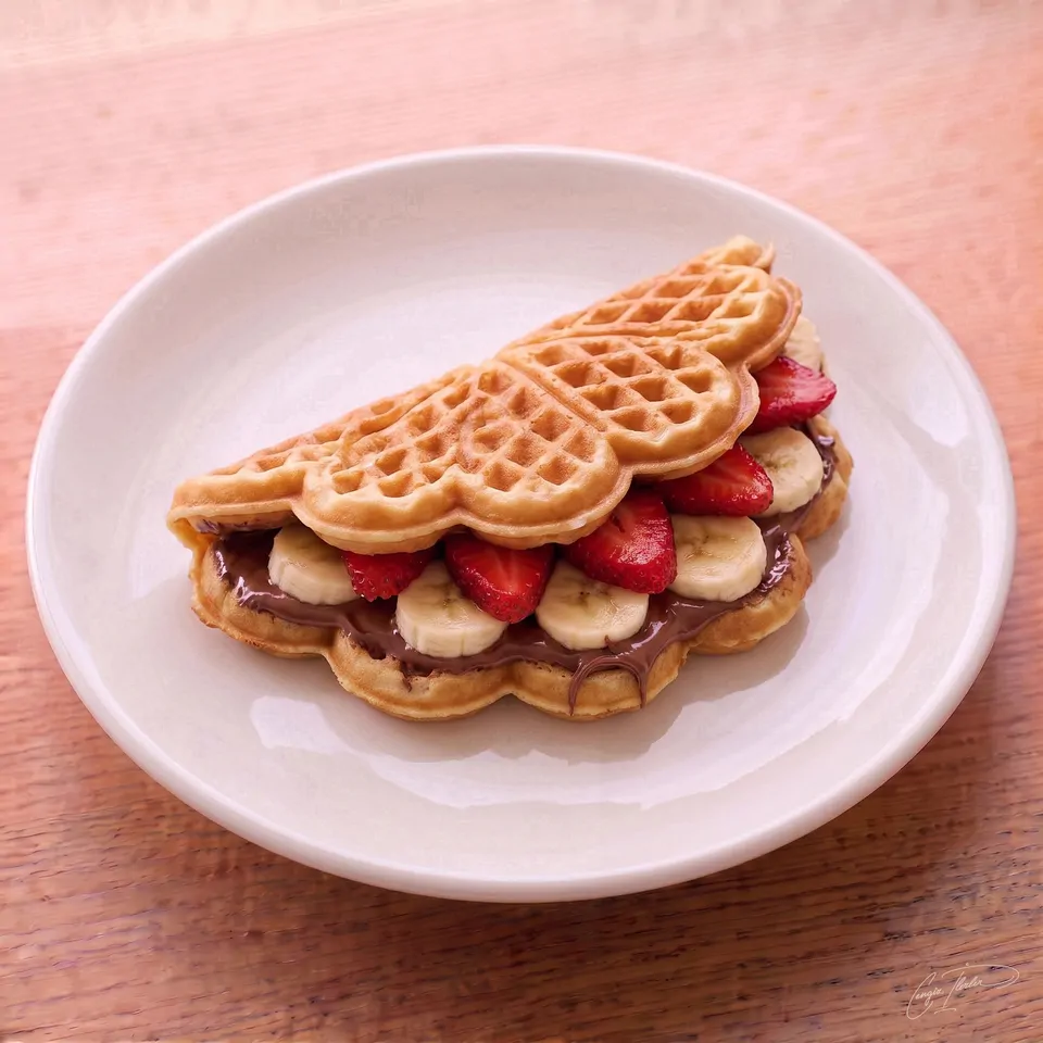 A classic Turkish street-style waffle on a white plate, featuring a large, soft heart-shaped waffle folded in half like a sandwich, generously stuffed with melted chocolate, sliced bananas, and fresh strawberries.