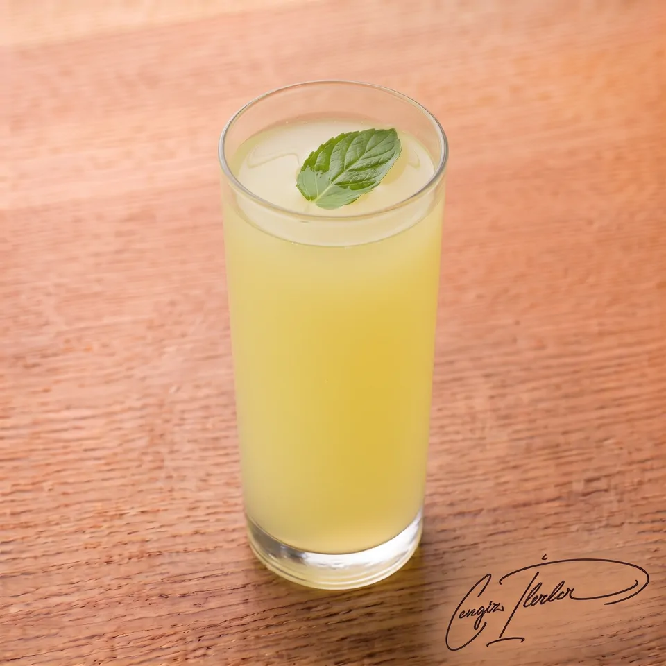 A tall glass of cloudy Turkish lemonade with a single mint leaf floating on top.