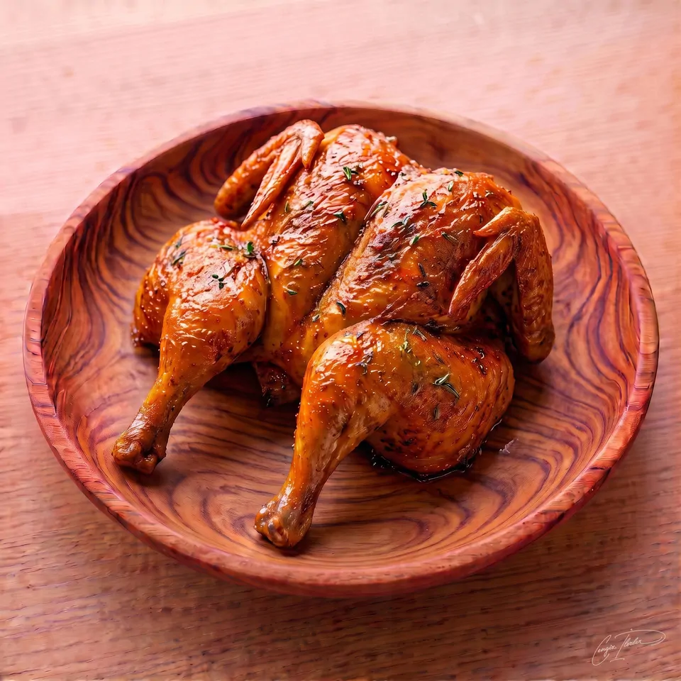A whole roasted chicken baked to a golden brown, glistening with juices and sprinkled with fresh thyme, served in a carved wooden bowl.