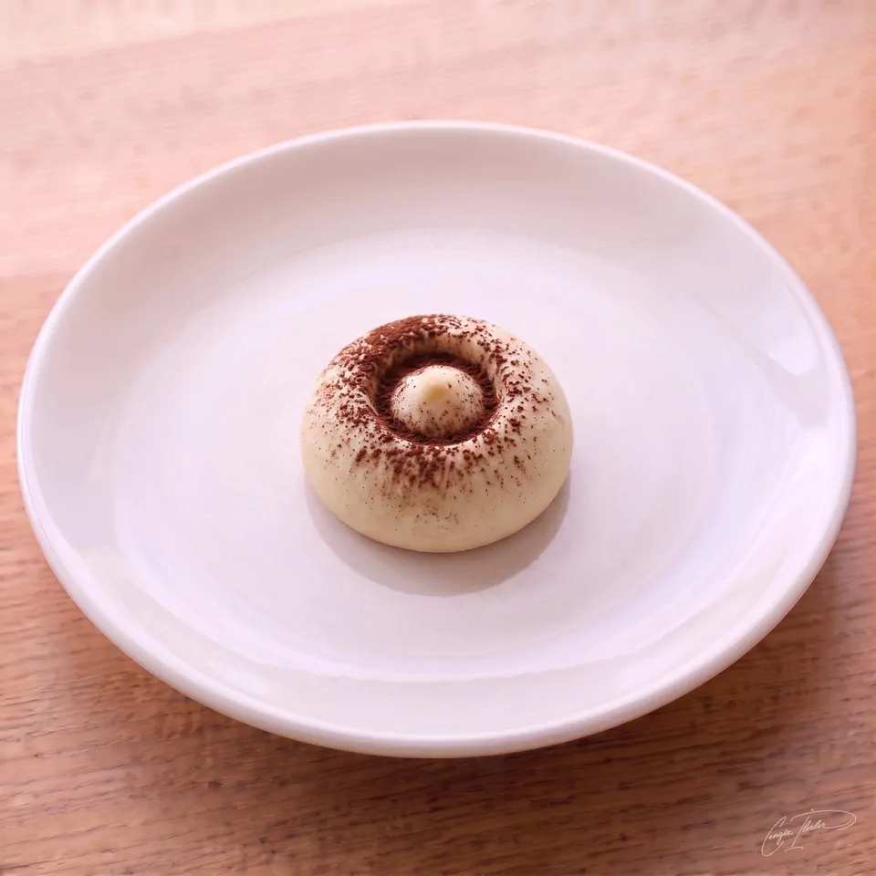 A single round, pale shortbread cookie on a white plate, with a cocoa-dusted center stamped to look exactly like a mushroom cap.