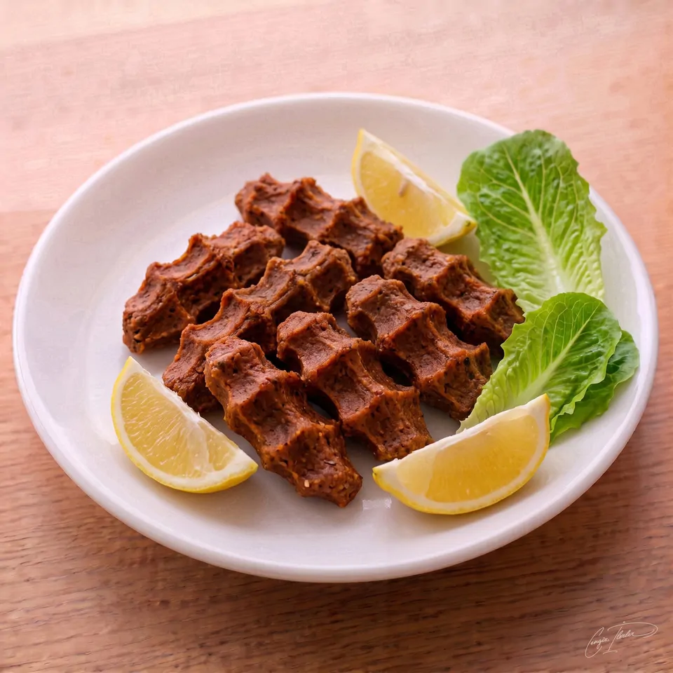 A white plate holding a neat arrangement of spicy, hand-kneaded çiğ köfte, served alongside crisp lettuce leaves and wedges of fresh lemon.