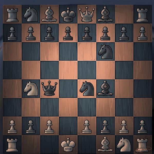 Pixel-art chessboard mid-game, painted cover art.