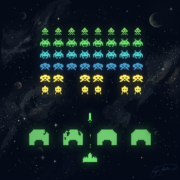 Painted cover art for Space Invaders.