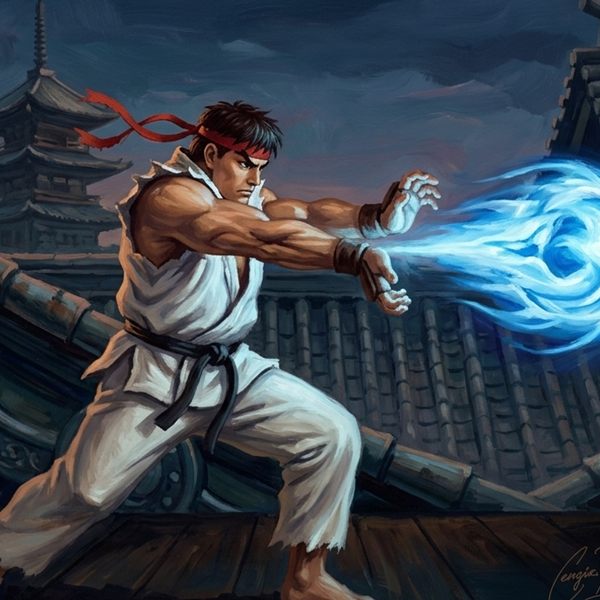 Painted cover art for Street Fighter II.