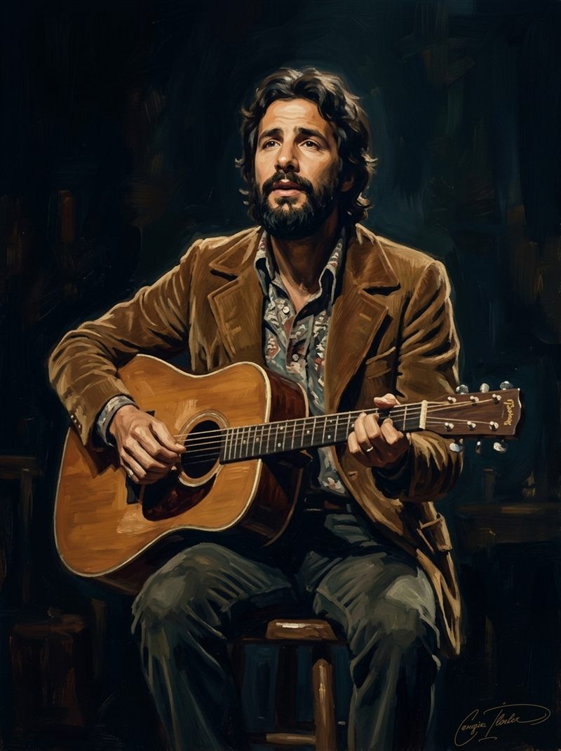 Painted portrait of Cat Stevens.
