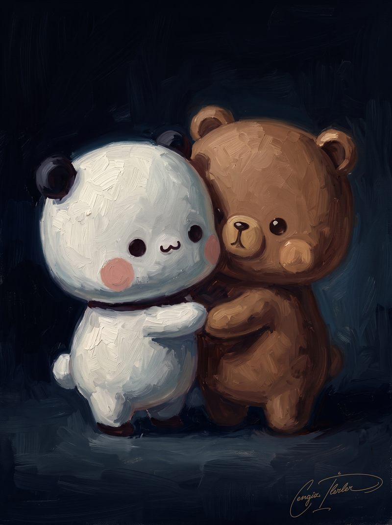 Bubu the panda and Dudu the brown bear hugging, little hearts floating around them.
