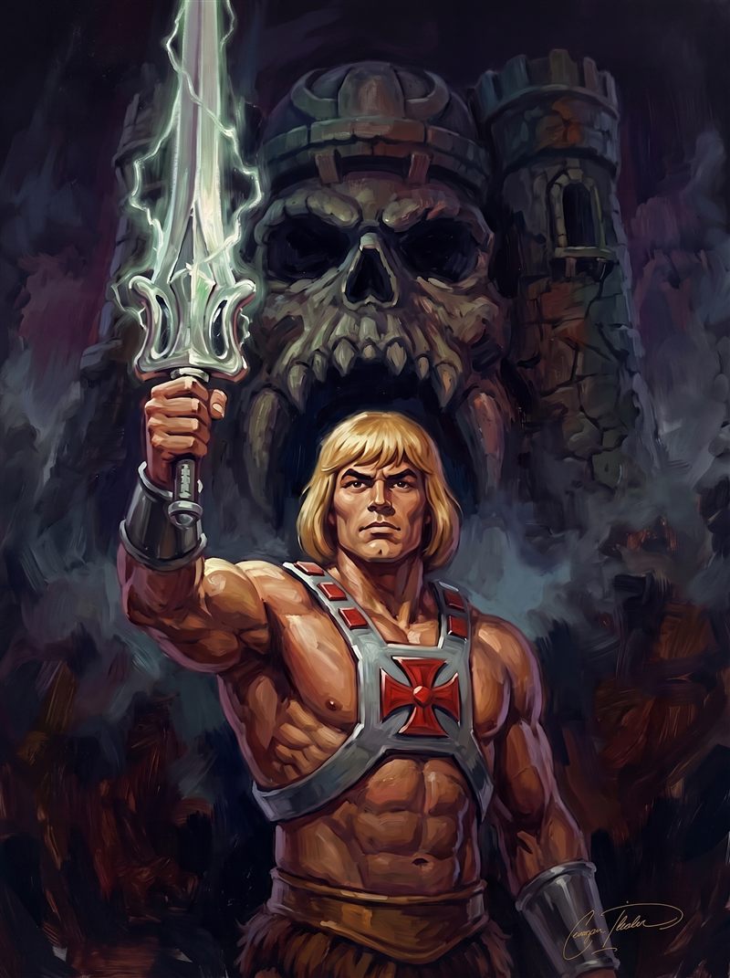 Oil painting of He-Man raising the glowing Power Sword before Castle Grayskull.