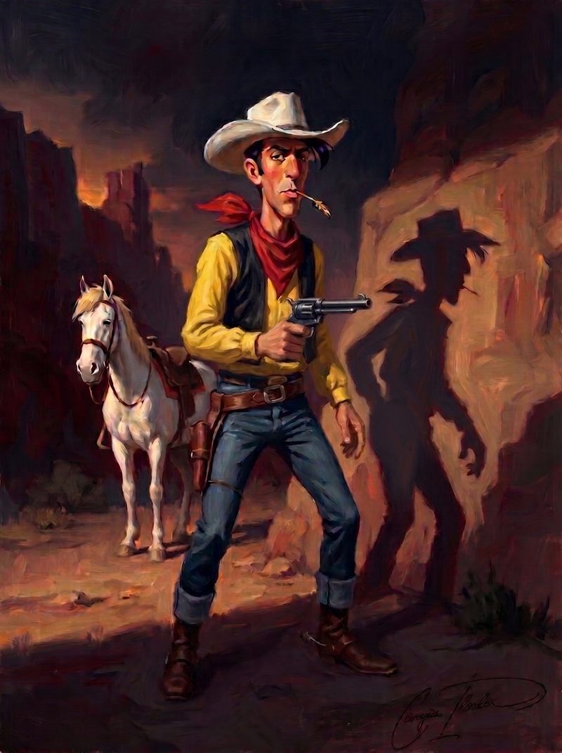 Oil painting of Lucky Luke drawing his revolver beside Jolly Jumper, his shadow beating him to it on the canyon wall.