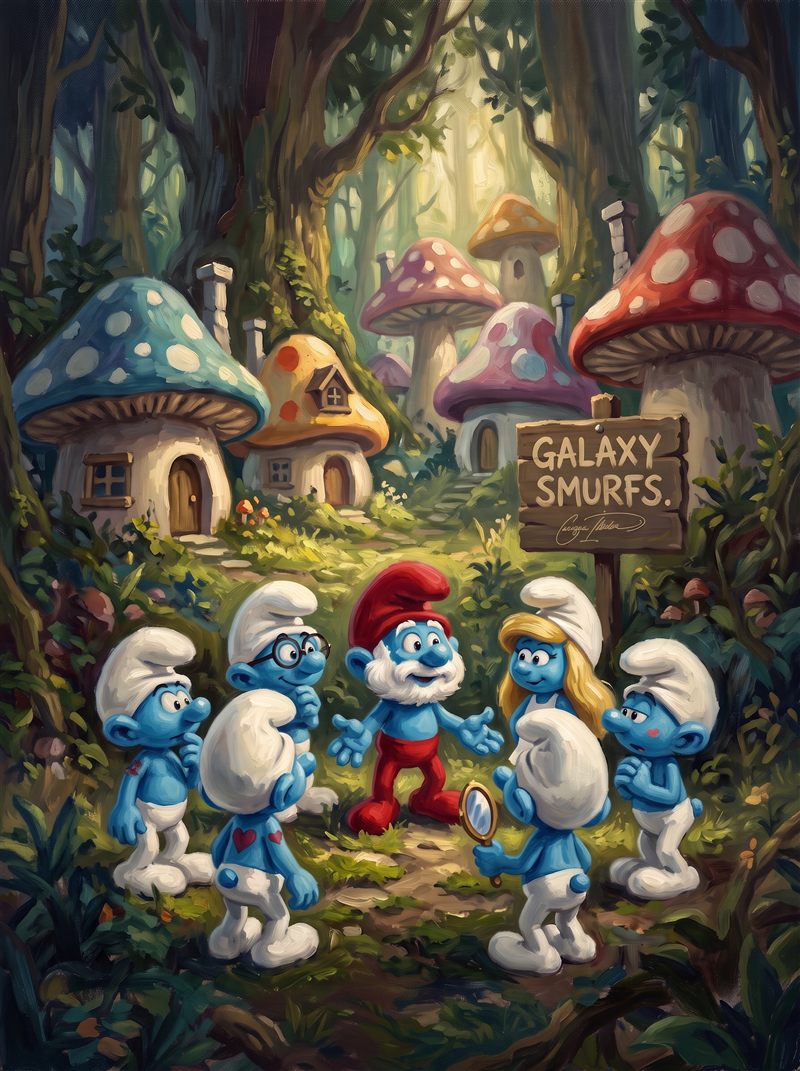 Oil painting of the Smurfs village — Papa Smurf and friends among the mushroom houses.