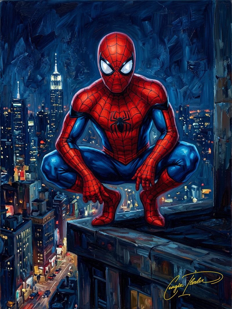 Oil painting of Spider-Man in the classic red-and-blue suit, crouched on a building ledge against the city skyline.