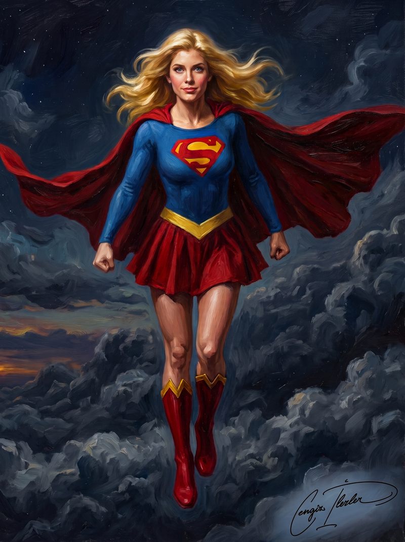 Oil painting of Supergirl in the classic red-and-blue costume, red cape flying, soaring above moonlit clouds at dusk.