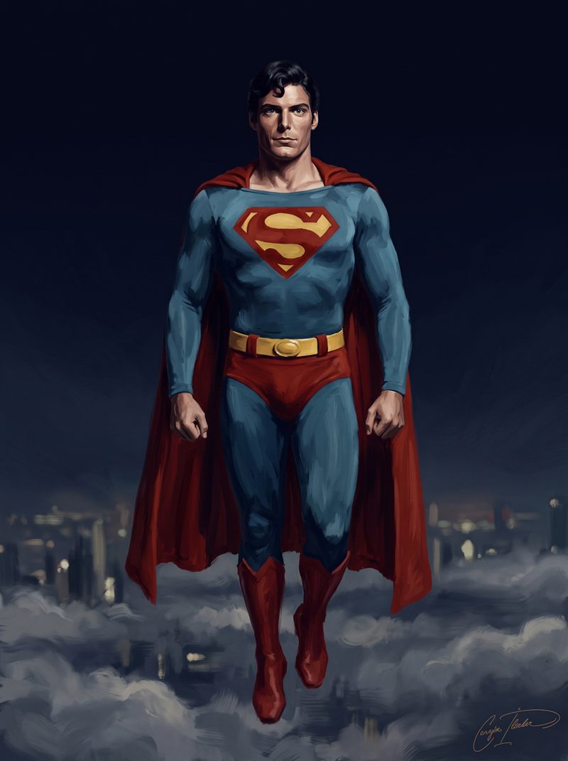 Painted portrait of Superman in the classic late-70s movie costume, floating above clouds over a night city.