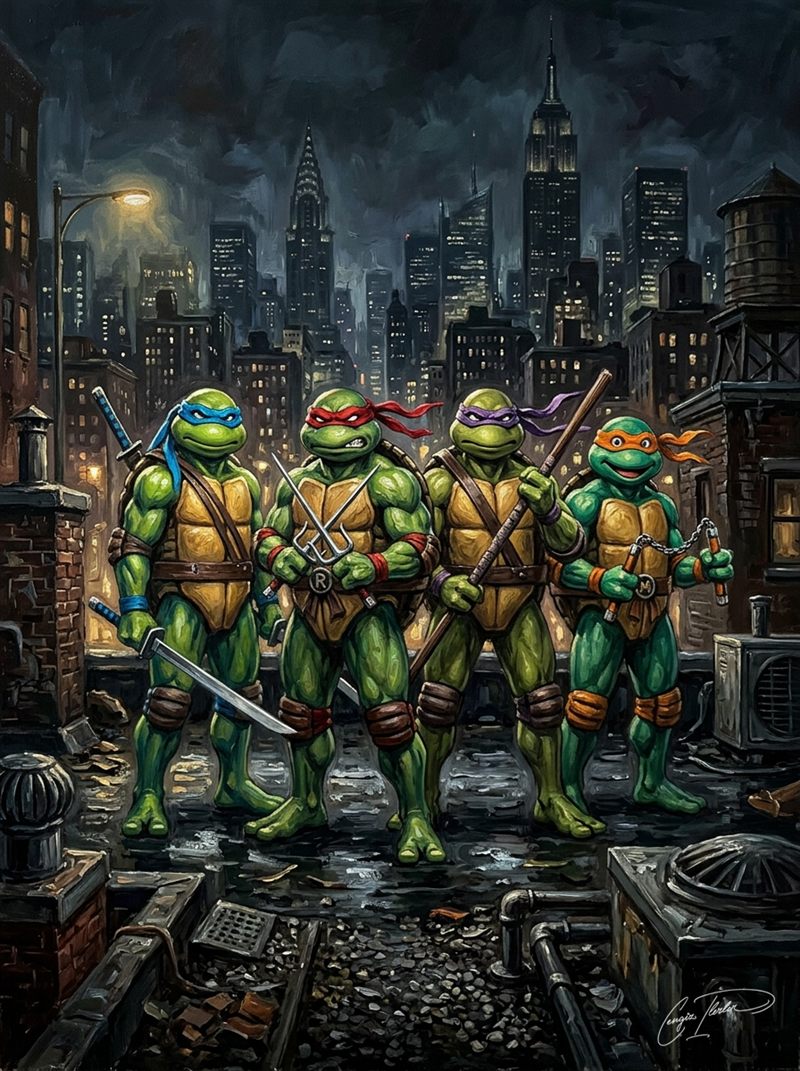 Oil painting of the Teenage Mutant Ninja Turtles standing heroically on a rooftop.