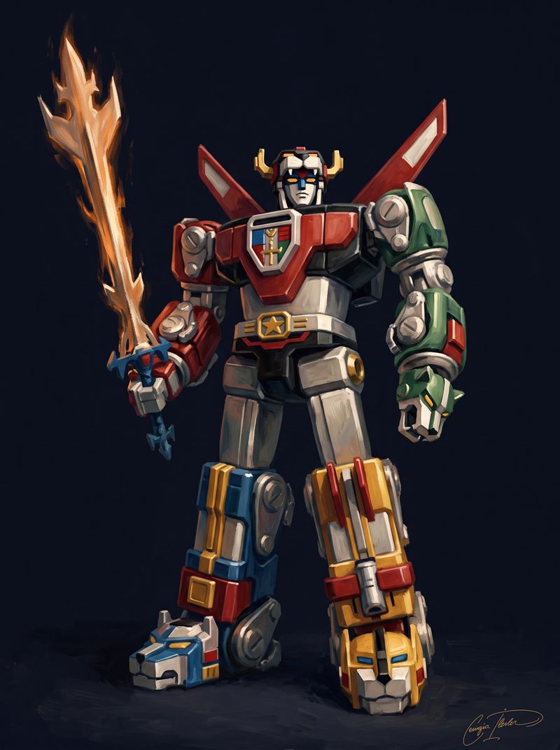 Oil painting of Voltron, Defender of the Universe.