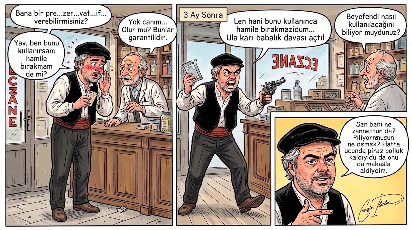Three-panel comic set in a Turkish pharmacy (ECZANE). Panel 1 — a mustachioed man in a flat cap and cummerbund nervously asks the elderly pharmacist for a "pre…ser…va…tive," checking under his breath that it won't get anyone pregnant; the pharmacist assures him they are guaranteed. Panel 2, labelled "3 Ay Sonra" (3 months later) — the furious man storms back waving the packet and a revolver: the woman has filed a paternity suit. Panel 3, a close-up — grinning, he explains in Black Sea dialect that he snipped the extra bit off the tip with scissors, revealing he had no idea how to use it.