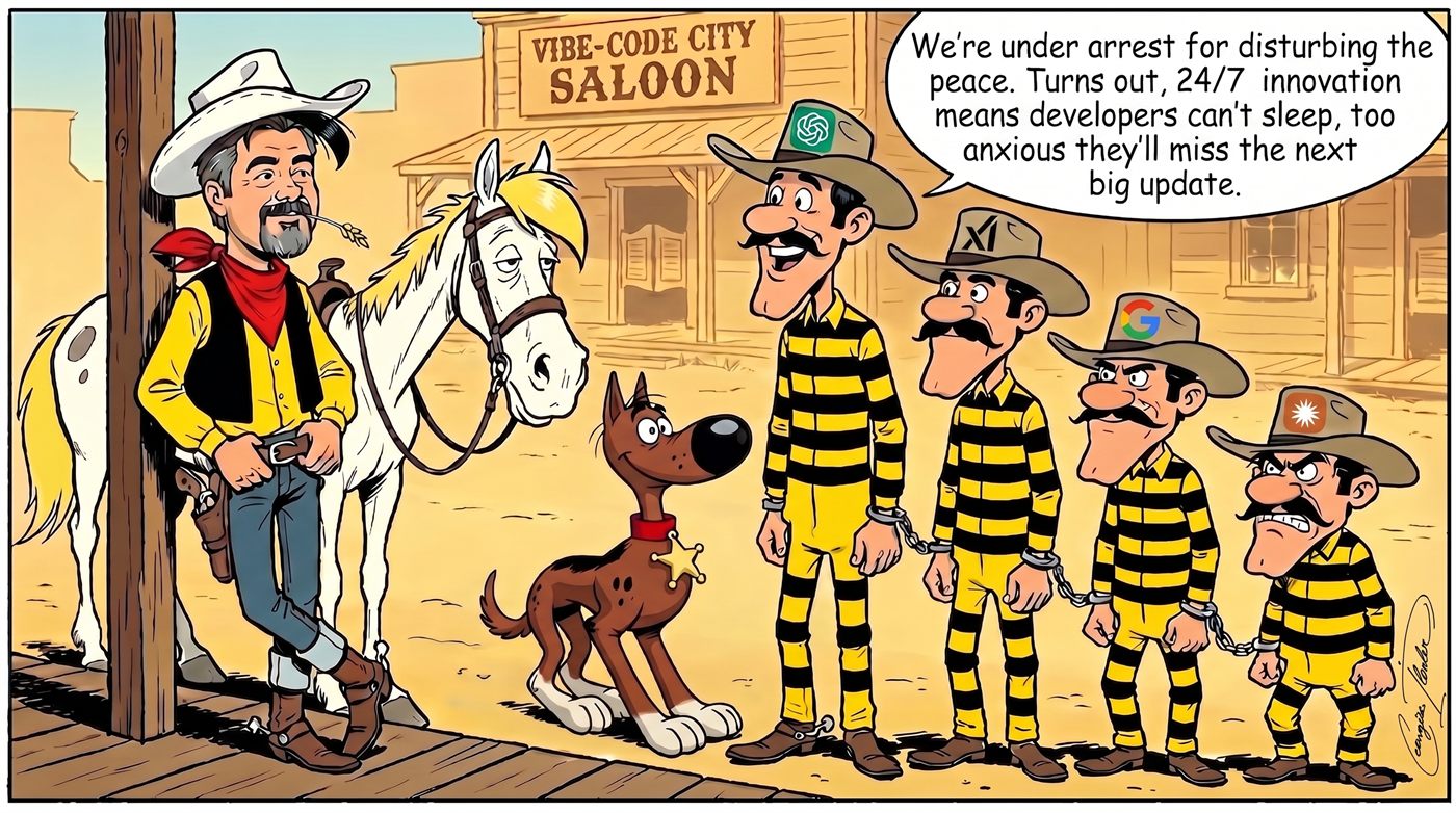A wide Western comic strip in the Lucky Luke style. Outside the "VIBE-CODE CITY SALOON", a lean cowboy — the artist himself, in a white hat and red bandana — leans against a wooden post beside his white horse, a straw of wheat in his mouth and a six-shooter on his hip, while a grinning brown dog wears a sheriff's star on its collar. Marched past them, chained together at the wrists, are four glum outlaws in yellow-and-black striped prison suits, each hat bearing an AI company logo: OpenAI, xAI, Google (Gemini) and Anthropic. The lead prisoner explains in a speech bubble: "We're under arrest for disturbing the peace. Turns out, 24/7 innovation means developers can't sleep, too anxious they'll miss the next big update."
