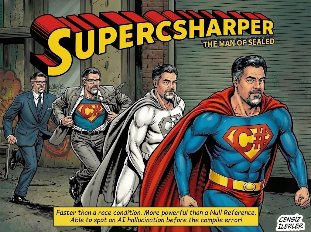 Comic-book cover titled “SuperCSharper — The Man of Sealed.” Four stages, left to right, show Cengiz transforming from a man in a business suit into a caped superhero in blue with a Superman-style shield bearing the C# logo. Tagline: “Faster than a race condition. More powerful than a Null Reference. Able to spot an AI hallucination before the compile error!”