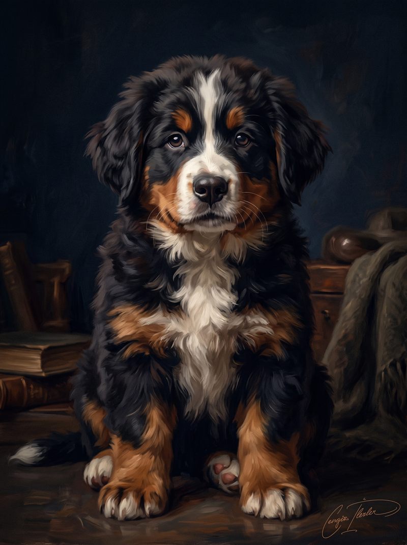 Oil painting of a Bernese Mountain Dog puppy — tricolor coat with a white blaze and chest and rust markings, sitting in a warm study.