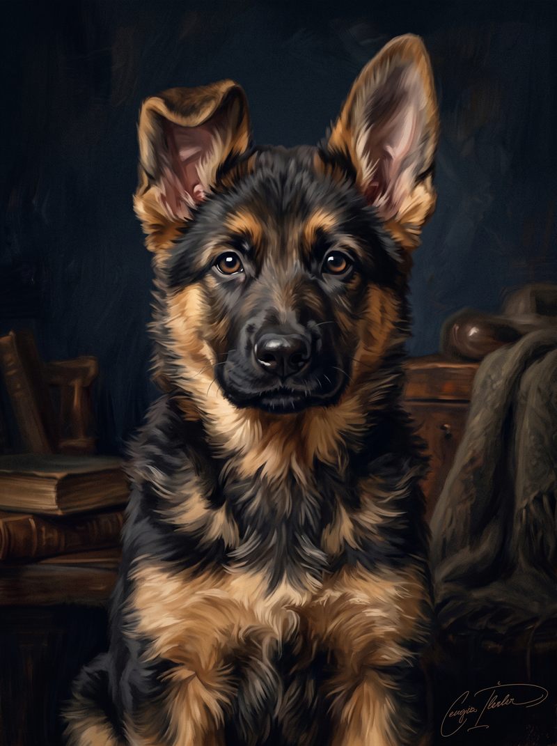 Oil painting of a German Shepherd puppy with large upright ears and black-and-tan markings, sitting in a warm study.