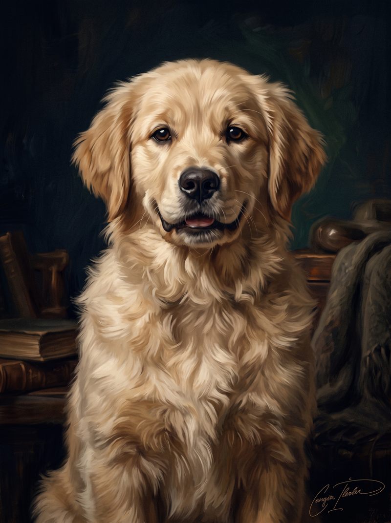 Oil painting of a Golden Retriever with a soft cream-gold coat and warm dark eyes, sitting in a warm study.