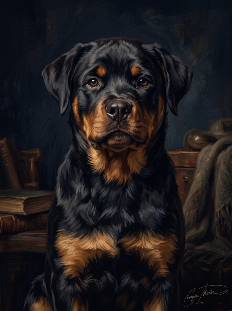 Oil painting of a Rottweiler puppy — black coat with mahogany-tan markings and a broad head, sitting in a warm study.
