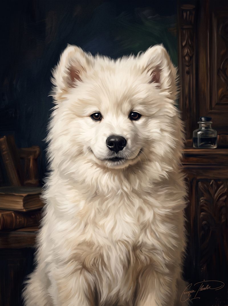 Oil painting of a fluffy white Samoyed puppy with a black nose and the breed's gentle smile, sitting in a warm study.