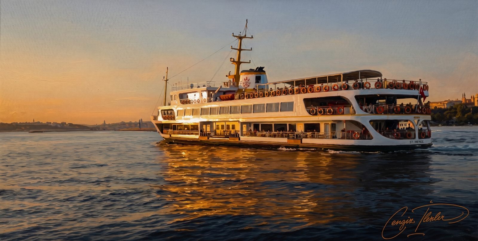 A Şehir Hatları ferry crossing the Bosphorus at golden hour, Istanbul low on the horizon, sunset light on the water.