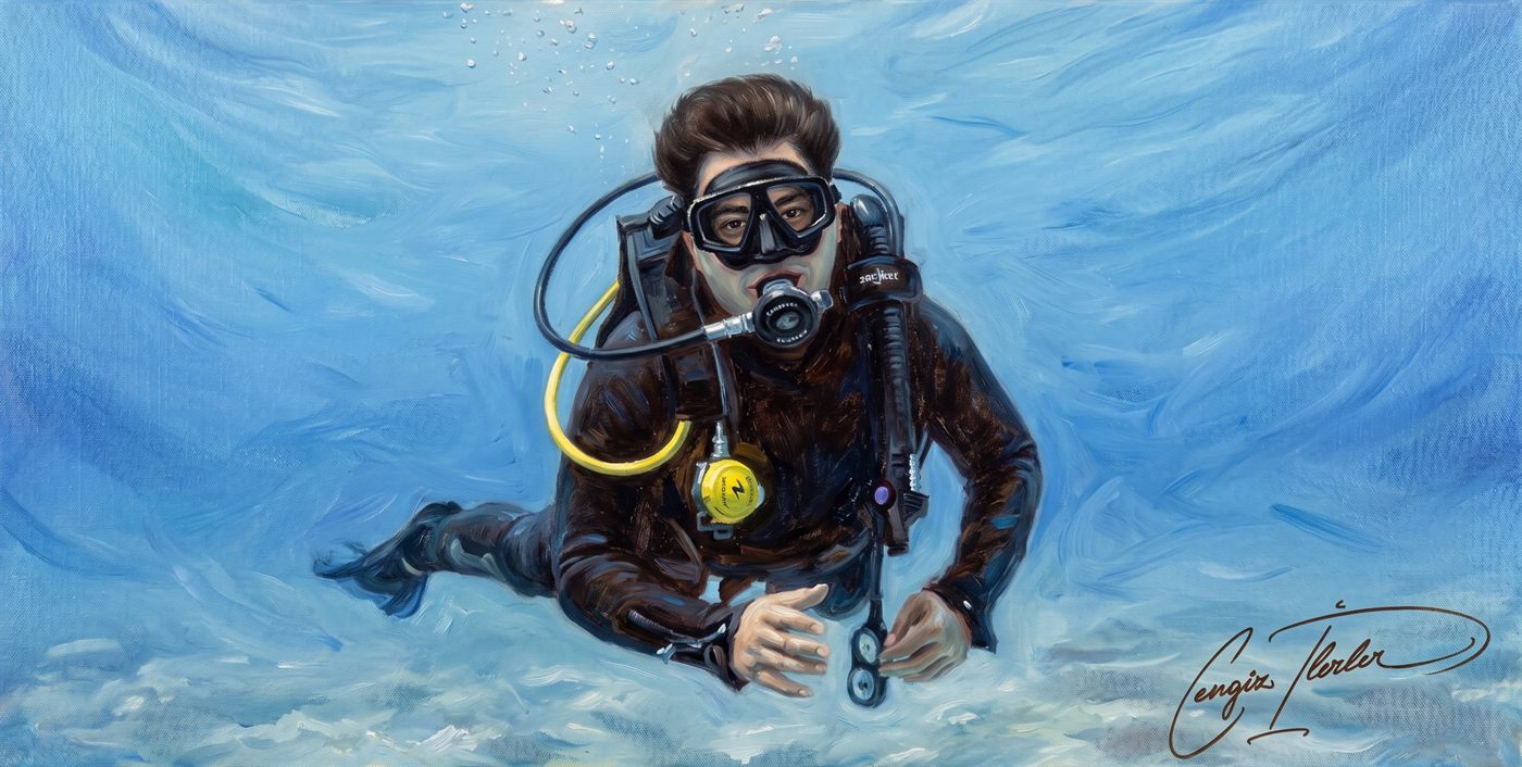 Oil painting of Cengiz scuba diving in open blue water, signed by the artist.