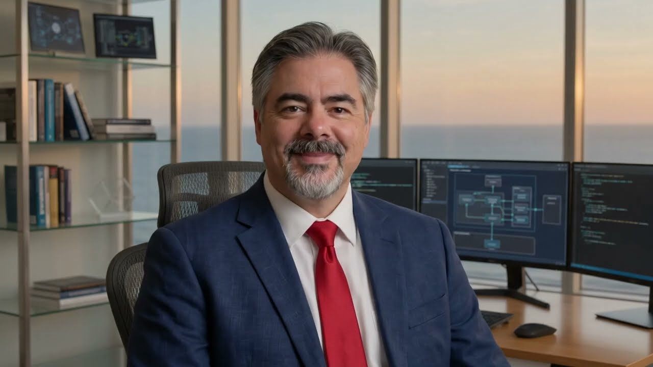 Video still — Cengiz at his desk, the sea behind him, about to say his own name.