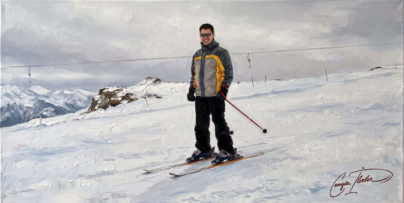 Oil painting of Cengiz standing on skis on a bright snowfield, signed by the artist.