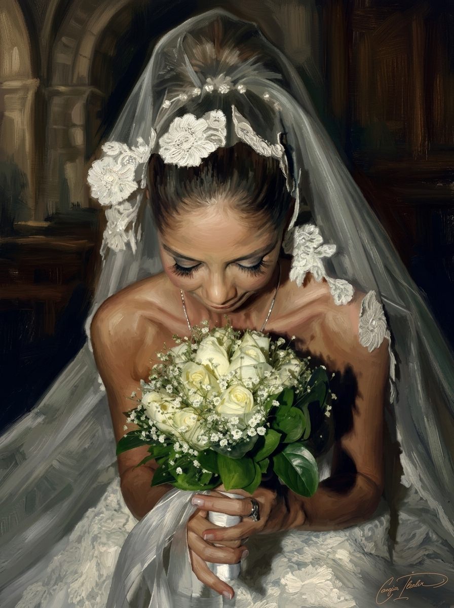 A bride in her veil, eyes lowered to a bouquet of white roses — signed oil portrait.