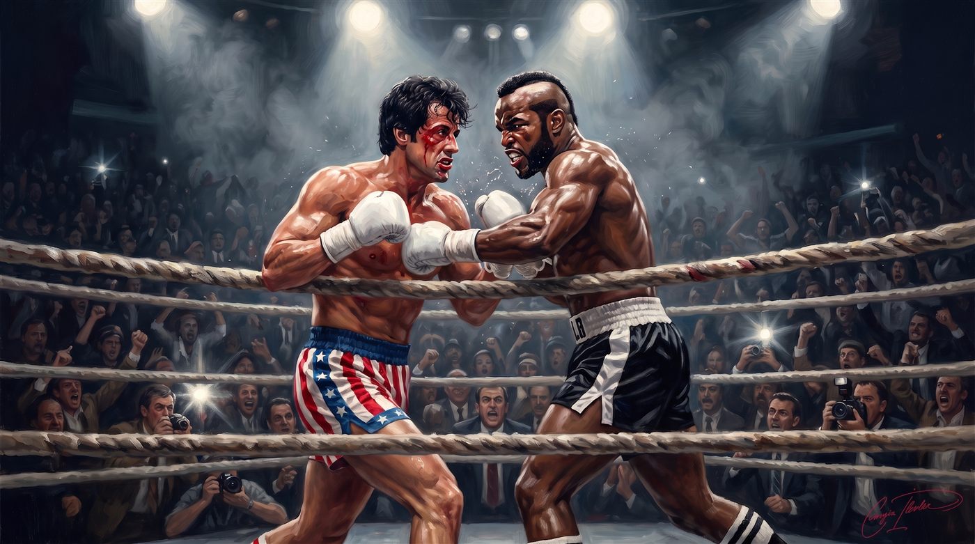 Painted homage to Rocky III — two boxers, one in American flag trunks, one fierce challenger, clashing intensely in a spotlighted 1980s boxing ring.