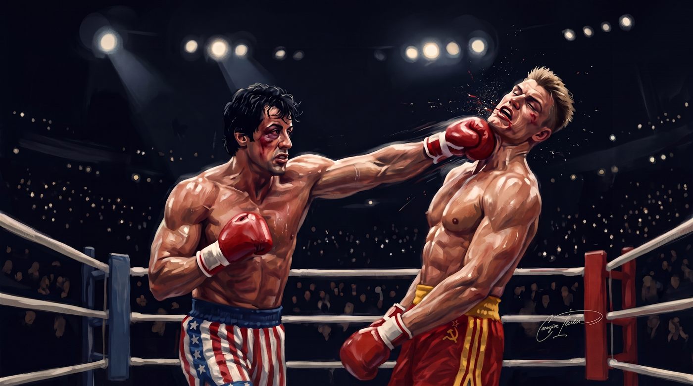 Painted homage to Rocky IV — a boxer in stars-and-stripes trunks landing a cross on his towering opponent under arena lights.