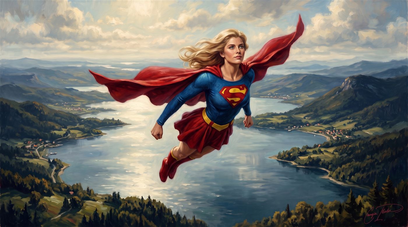 Painted homage to Supergirl — a blonde hero in red and blue flying proudly through a sunny sky above a lake, cape billowing.