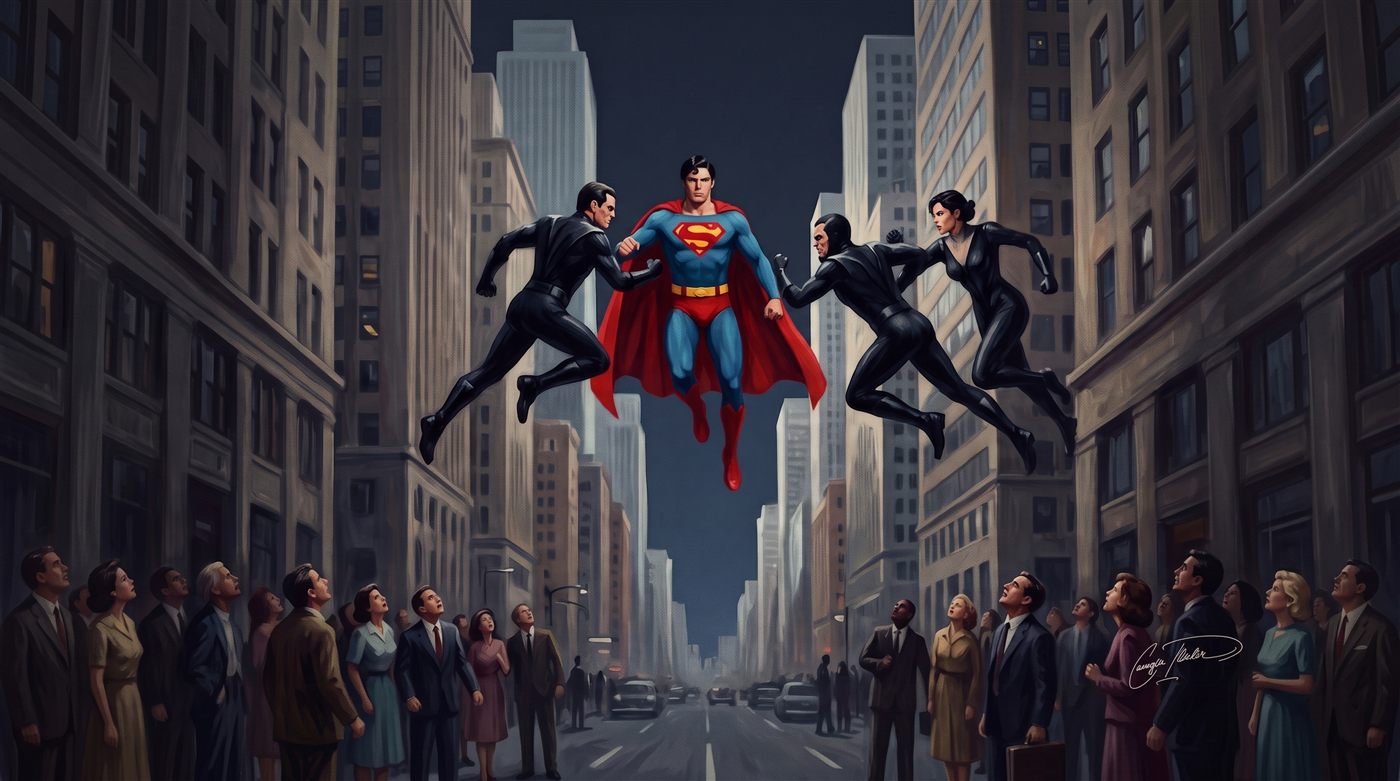 Painted homage to Superman II — the hero in the classic red-and-blue costume facing three black-clad villains above a city street, crowds looking up.
