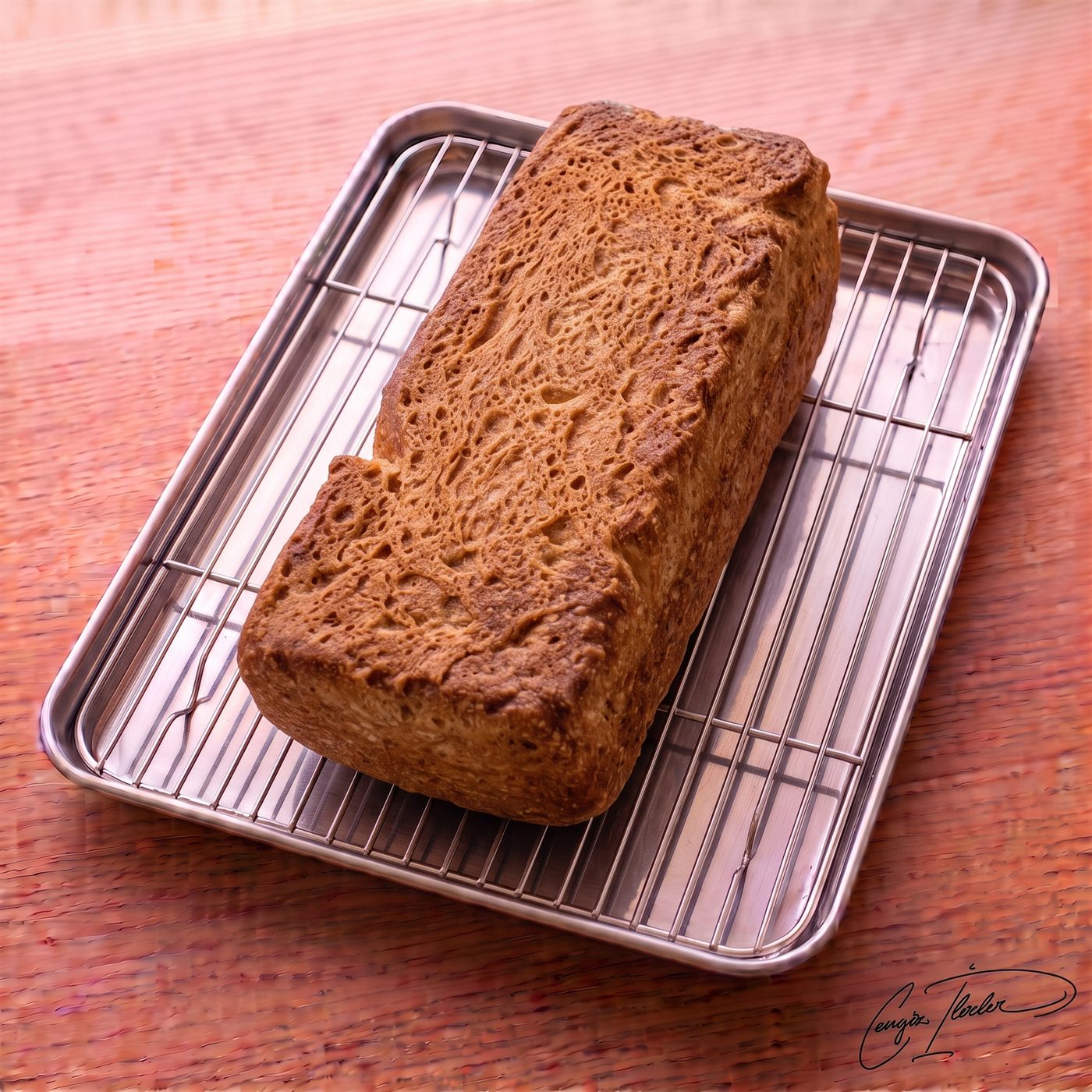 A golden-brown rectangular loaf of sourdough sandwich bread with a heavily textured, blistered top crust, resting on a wire cooling rack over a wooden surface.