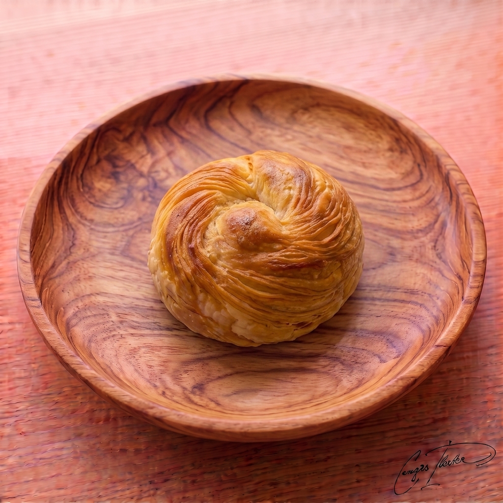 A single traditional Izmir boyoz on a carved wooden plate, featuring a beautifully flaky, rounded puff pastry texture.
