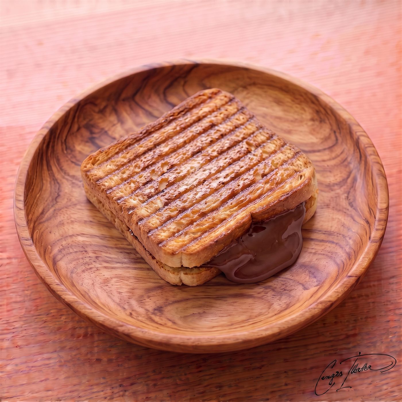 A perfectly grilled çikolatalı tost (chocolate toast) on a carved wooden plate, with deep horizontal grill marks on the golden-brown bread and warm, melted chocolate hazelnut spread oozing out the side.