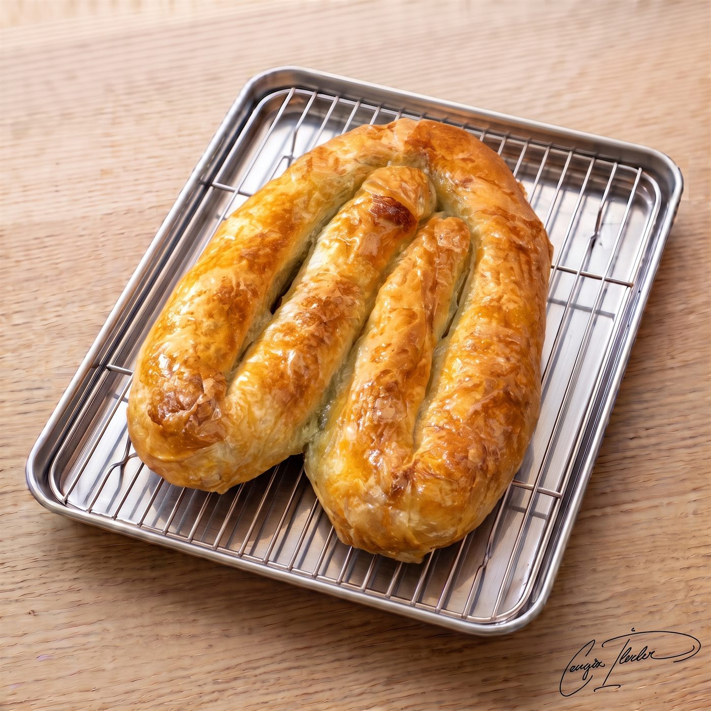 A large, golden-baked kol böreği (rolled pastry) shaped in a deep U-curve, resting on a metal cooling rack, featuring a very flaky and shiny egg-washed crust.