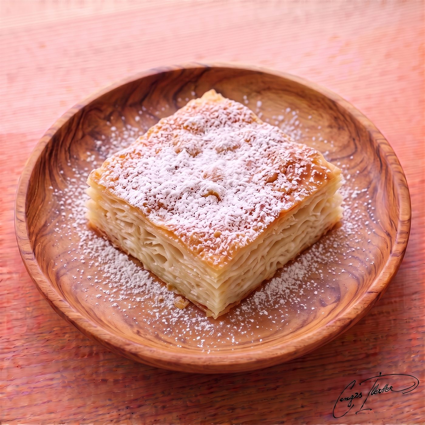 A thick, square slice of Kürt böreği (also known as Küt böreği) on a carved wooden plate, showcasing its numerous thin, plain pastry layers heavily dusted with powdered sugar.