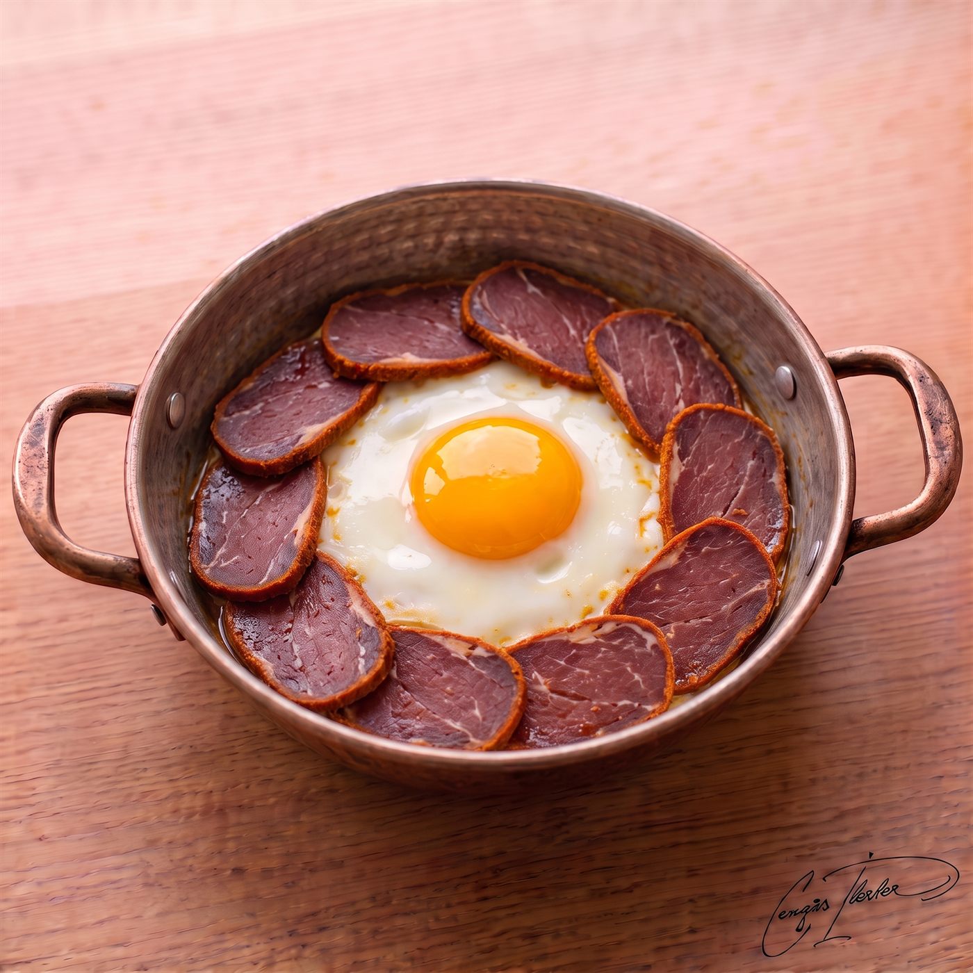 A traditional Turkish copper pan (sahan) holding a perfectly fried sunny-side-up egg in the center, encircled by thin slices of seared pastırma (cured spiced beef) resting in rich cooking juices.
