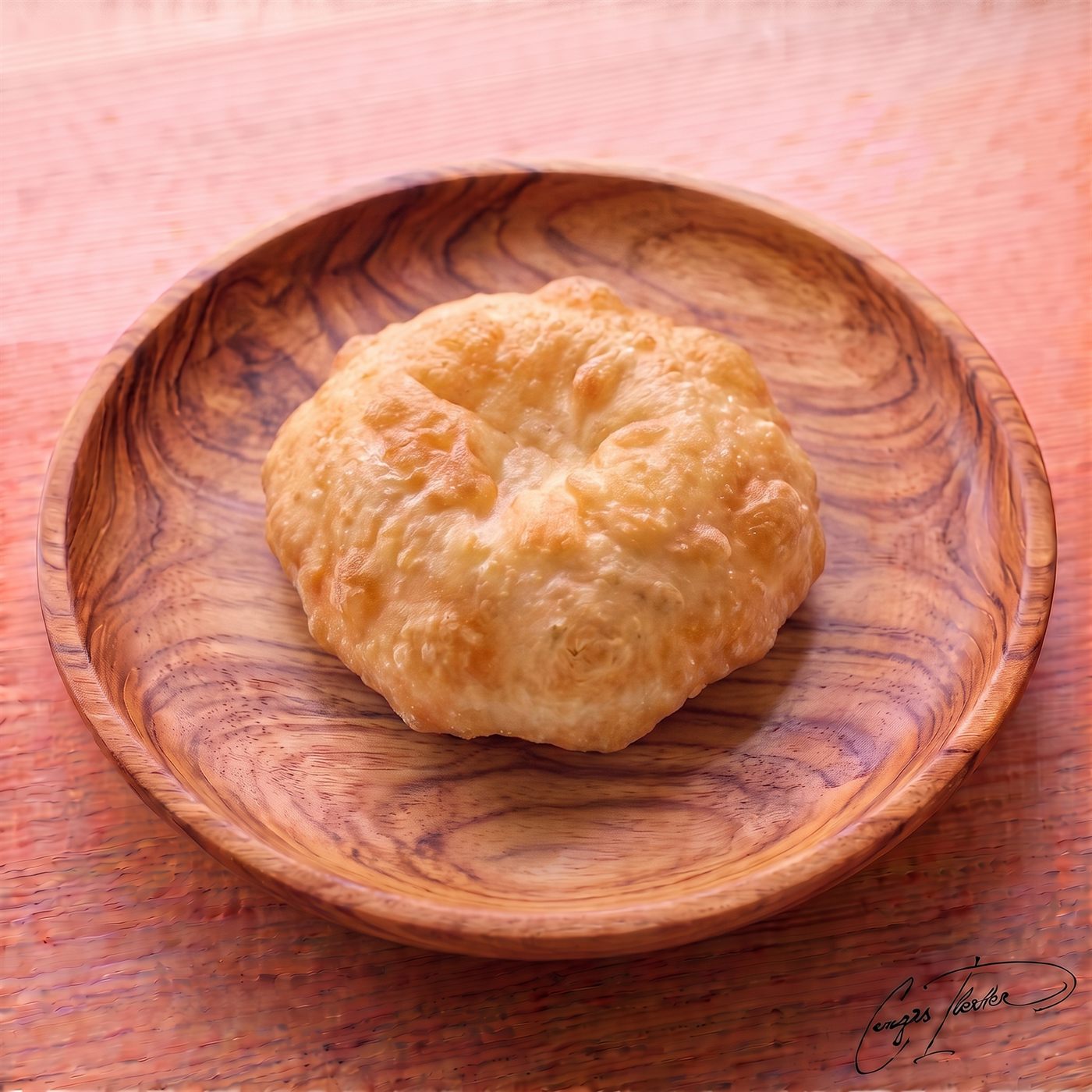 A single piece of golden, puffy pişi — Turkish fried dough — on a carved wooden plate.
